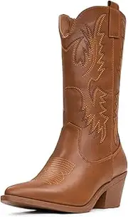 [IUV] Women's Red Embroidered Western Cowboy Boots, Mid-Calf, Pointed Toe, Pull-On, Platform Heel