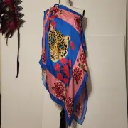 NWT $375 Verandah Blue & Pink Leopard Face One Shoulder Scarf Shrug Poncho