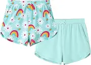 [BambooBud] Toddler Girls Shorts 2 Pack Little Girl Soft Pull on Everyday Bottoms Toddlers Short Pants 2T-5T, Daisy & Rainbow+aqua2, 5 Years