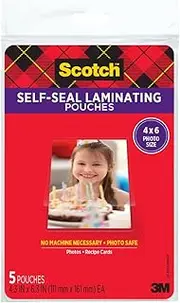 Scotch Self-Sealing Laminating Pouches, 9.5 Mils, 4 x 6, Photo Size, 5/Pack