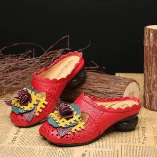 【Vecchio】真皮拖鞋 包頭拖鞋 粗跟拖鞋/真皮復古民族風田園立體撞色花葉造型包頭粗跟拖鞋(紅)