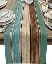 Vandarllin Cotton Linen Table Runner Dresser Scarves Retro Rustic Barn Wood&Teal Green Brown Non-Slip Burlap Rectangle Table Setting Decor for Wedding Party Holiday Dinner Home, 13"x70"