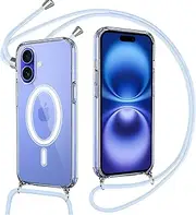 Pnakqil Mobile Phone Chain for iPhone 16 Plus, Case with Strap, Compatible with MagSafe, Transparent Magnetic Mobile Phone Case with Cord Necklace, Lanyard Protective Case, Shockproof for iPhone