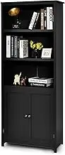 Giantex 182CM Bookcase with Doors, 3 Tier Open Book Shelving, Standing Wooden Display Bookcase with Double Doors, Ideal for Home Bedroom, Living Room, Office, Library with Doors (Black)