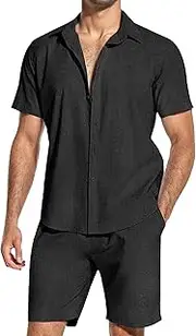 [Generic] Mens Matching Shirt and Shorts Set Summer Beach Outfits 2 Piece Short Sleeve Vacation Texture Linen Sets for Men