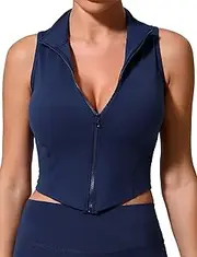 [Ausing] Women's Running Jacket Zip Up Sleeveless Sports Vest Casual Cropped Workout Jacket Slim Fit Stretchy Yoga Jacket Stand Collar Sports Jacket Gym Athletic Tank Tops Activewear S-L