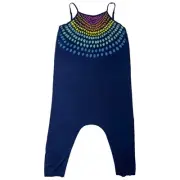 Mara Hoffman Kids Size 8 9 Navy Blue Rainbow Embroidered Drop Crotch Jumpsuit