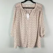 Rose + Olive Pink Polka Dot Blouse Size 1X Button Up 3/4 Sleeves Smocked