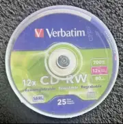 Verbatim CD-RW Discs 700MB/80min 4x/12X Spindle 25/Pk 95155 NEW