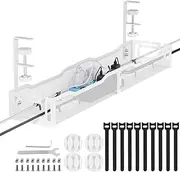 64CM Under Desk Cable Management Tray, Cable Organizer, Cable Management Box, Cord Organizer for Desk, Under Desk Storage for Office Home - No Drill to Desk Cable Raceway (White)