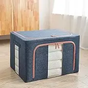 INONE Foldable Fabric Storage Box with Crushed Steel Frame, Durable Clothing & Closet Storage, Strong, Clothes Storage Organiser for Bedroom & Linen Closet, Quilt Toy Organiser (Navy blue, 100L)