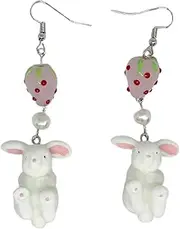 [WUSHAUALNS] Earrings Strawberry White Rabbit Earrings Strawberry Earrings Handmade Rabbit Pendant Earrings Earrings Fruit Earrings for Women