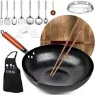 kaqinu Carbon Steel Wok Pan, 14 Piece Woks & Stir-Fry Pans Set 12.6'', Black