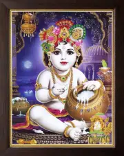 Baal Gopal Krishna Playing with Butter Religious Print Painting In Wooden Frame