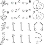 [Kakonia] 30pcs Helix Piercing Jewellery Stainless Steel,Cartilage Tragus Conch Helix Piercing Earrings for Women Girls,CZ Barbell Lip Clicker Piercing Rings Studs Ear Jewellery Piercing Set Silver