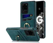 Full Protection Cover for Samsung Galaxy S20 Ultra, 2 Cards PU Leather Case with Ring Holder - Blue