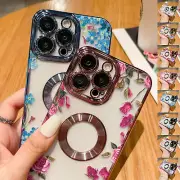 For iPhone 14 Pro Max 13 12 Luxury Plating Flower Pattern Clear Slim Phone Case
