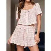 Plaid Short Sleeve Top and Shorts Set