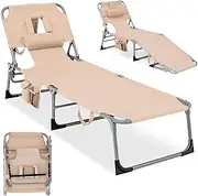 Costway Beach Chaise Lounge Chair, Patio Folding Reclining Chair, Portable & Lightweight Camping Bed or Cot w/ 5 Adjustable Positions, Detachable Pillow, Storage Pouch for Sunbathing (Beige)