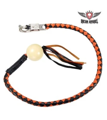 42 In Long Orange/Red White Pool Ball Fringed Hand-Braided Biker Get Back Whip