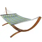 2-Person Quilted Hammock with Curved Wooden Stand - Blue/Green by Sunnydaze