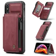 CaseMe Shockproof iPhone X Xs Leather Case Cover Zipper Wallet Apple [Wine]