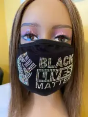 Black Lives Matter Bling Rhinestone Face Mask AB Crystals Front Fist Washable