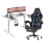 Advwin L Shape 140cm Gaming Desk RGB LED Light White & Gaming Chair Racing Recliner Executive Seat Office Chair Blue & Black