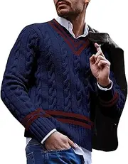 [Gsywaipei] Men's Striped Knitted Pullover Slim Fit Knits Pullover Sweaters V Neck Stripes Male Long Sleeve Knit Sweater, Dark Blue, XXL