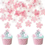 AOZUO 60pcs Edible Cherry Blossom Cupcake Toppers, White and Pink Wafer Paper Flowers Cake Toppers for Birthday Christmas Holiday Party Wedding Cake Decoration Supplies