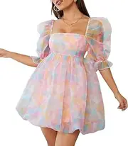 [Generic] Mesh Tulle Dress for Women Puff Sleeve Mini Princess Dress Square Neck Prom Short Party Dress