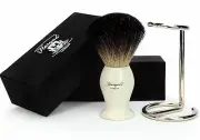 100% Black Badger Hair Men's Shaving Brush in Ivory Color Handle & Steel Stand