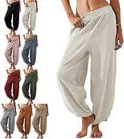 [Generic] Thneed Wrap Pants, Thneed Beach Wrap Pants, Womens Baggy Wide Leg Cotton Elastic Waisted Harem Pant Palazzo, White, Small