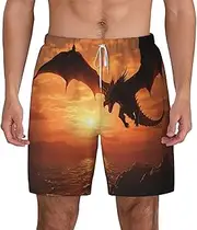 [JHLMN] Men's Swim Trunks Quick Dry Board Shorts Drawstring Beach Short Sea Sunset Flying Dragon Bathing Suit for Men