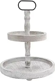 Farmhouse 2 Tiered Tray Stand for Home Decor, Wooden Serving Tiered Tray for Coffee Bar Table Centerpiece, Decorative Trays Kit for Countryside, Round Rustic Stand for Cake Cupcake(White)
