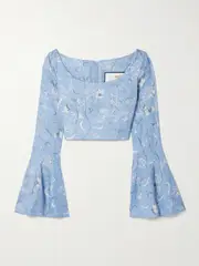 [Agua by Agua Bendita] Agua by Agua Bendita - Limoncillo Lymanopoda Cropped Bead-embellished Printed Linen Top - Blue - small small Blue