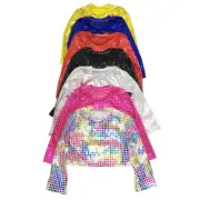 Kids Girls Shiny Metallic Crop Top Long Sleeve T-shirt Dancewear Performance