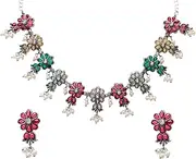 [Efulgenz] Indian Jewelry Sets for Women Oxidized Choker Set Multicolor Boho Oxidized Crystal Stone Necklace Sets Floral Faux Pearl Drop Dangle Earrings Bohemian Statement Choker Necklace Earrings Set