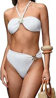 [YELAIVP] Women's Bikini Sets Two Piece Swimsuit Metallic High Cut Halter Backless Bathing Suit