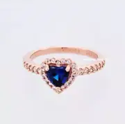 100% Authentic PANDORA Rose Gold Sparkling Blue Elevated Heart Ring 188421C01