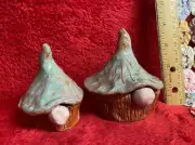 Handmade Pottery Set of 2 Gnome Butt Glazed Pinch Potts with Green Hats