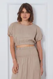 Beige Crop Top Short Sleeve Round Neck Linen - Size 12, Women's Semi Crop
