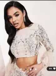 ASOS LUXE cropped embellished sequin top feather cuffs in blush light pink US 8