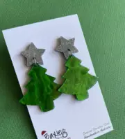Christmas Tree Green Acrylic Dangle Earrings Silver Glitter Star, Surgical Steel