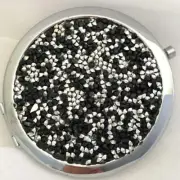 COMPACT MIRROR ROUND W BLACK AND SILVER ROUGH CUT BEAD GRAINS FOR HANDBAG