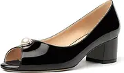 [MODENCOCO] Women's Slip On Solid Peep Toe Patent Chunky Low Heel Pumps Shoes 2 Inch