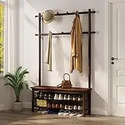 AQIMUELE Hall Tree, Coat Rack with Shoe Storage, Wooden Hall Tree with Bench, 11 Hooks and 2-Tier Storage Shelves, Entryway Bench with Coat Rack (39.3" - Deep Walnut)