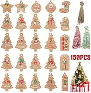 KIKISML 150 Pcs Christmas Tags, Xmas Gift Tags Kraft Paper with Jute Twine Gift Wrap Labels Parcel Tags Present Hang Tags Multi-Pattern Christmas Trees Stars Socks for DIY Gift Wrapping Decorations