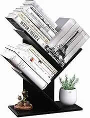 [R RUISHENG] 3 Tier Small Tree Bookshelf Storage Organizer Shelves Floor Standing Bookcase Desk Wood Storage Rack for Home Office Living Room Bedroom Display for Book Magazine CD Manga Black