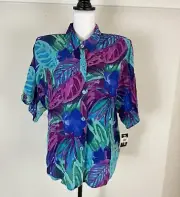 Vintage Options Melrose Medium Womens Short Sleeve Blouse Blue Pink Gauzy Rayon